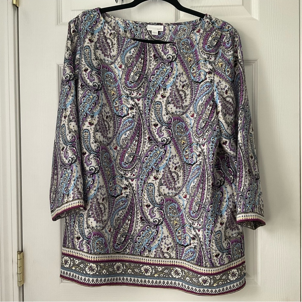 J. Jill Women's Paisley Blouse Size Large Wrap Back Purple 3/4 Sleeve